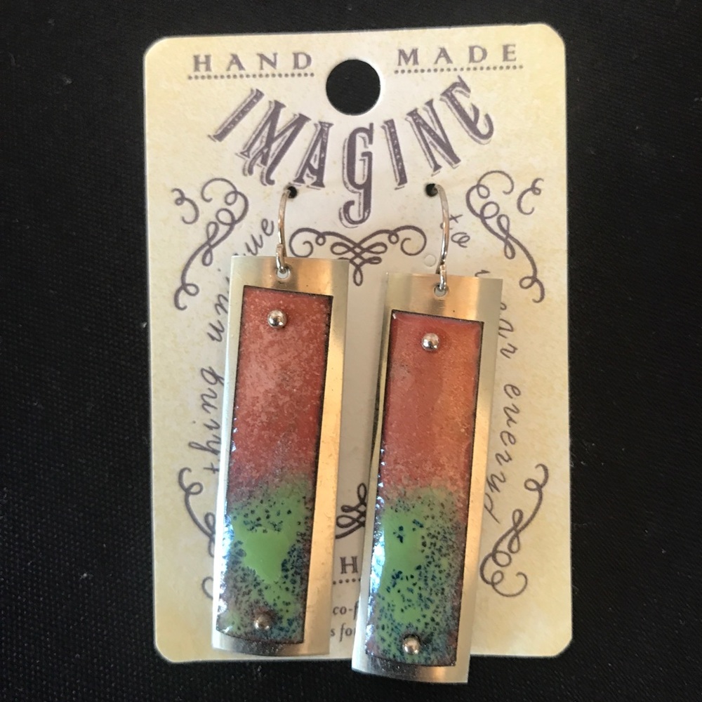 NWT unique and handmade glass, copper, and silver plated earrings